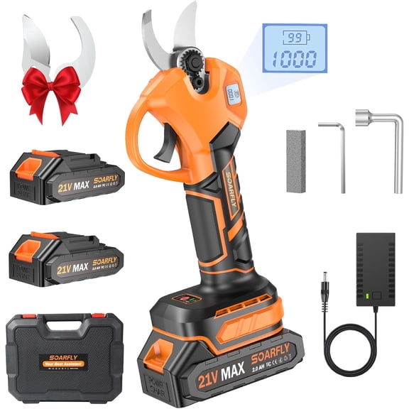 Upgraded Electric Pruning Shears, 1.5'' Cutting Diameter, Brushless Motor Cordless Pruner with LCD Display, 2 x 2000mAh Batteries & Extra SK5 Blades for Garden, Orchard & Branches