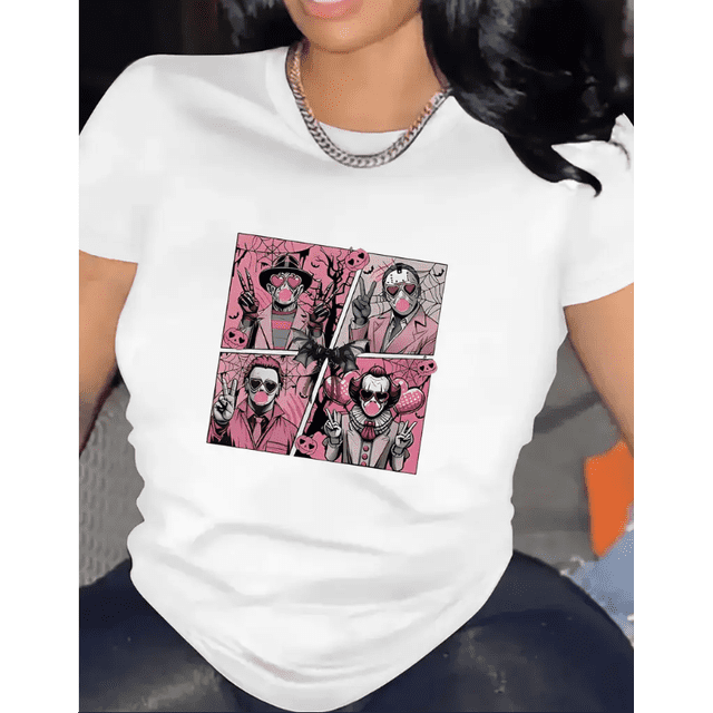 Medium Stretch Cotton Knit Fabric Women's Casual Crew Neck Horror Movie Print Graphic T-Shirt
