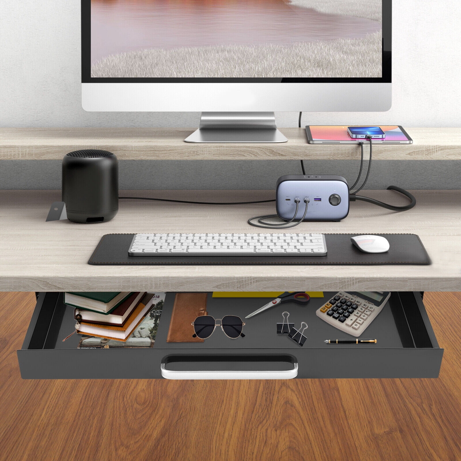 Home Black Pull Out Cabinet Organizer, Extendable Under Desk Mounted Slide Out Drawers Roll Out Sliding Storage Self to Store Various Items, Keyboard, Mouse, Books
