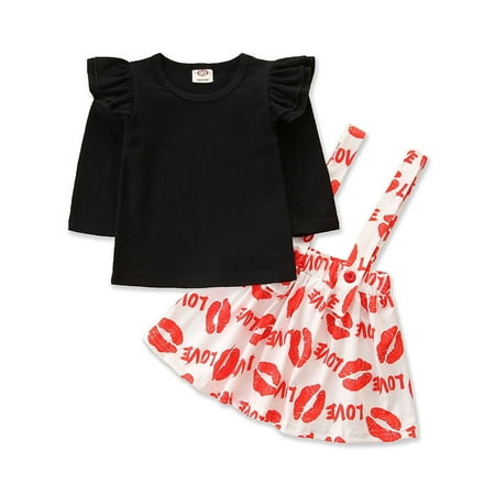 

Leutsin Toddler Kids Baby Girl Letter Love Lip Print Tops Suspender Skirt Outfits Set