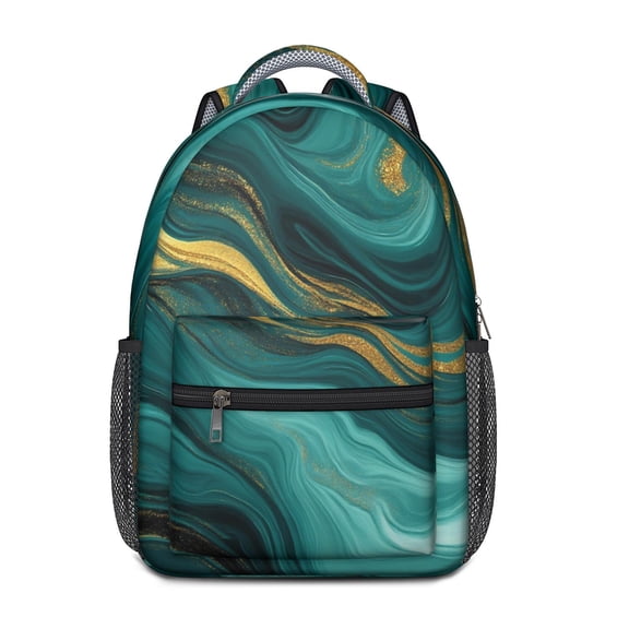 Teal Gold Marble Backpack for School,Cute School Bag,Schoolbag with Adjustable Shoulder Straps & Padded Back,15.3"x11"x6.7"