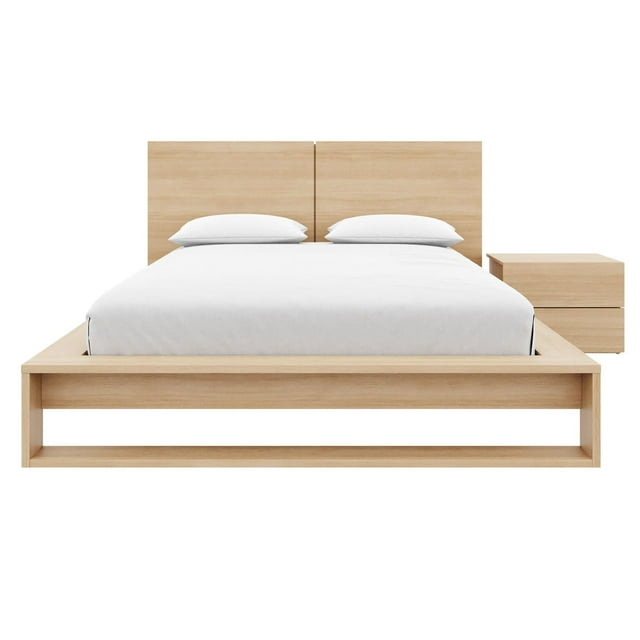 Birkin 3 piece queen size bedroom set featuring a light wood headboard, slatted bedframe, and one matching nightstand.