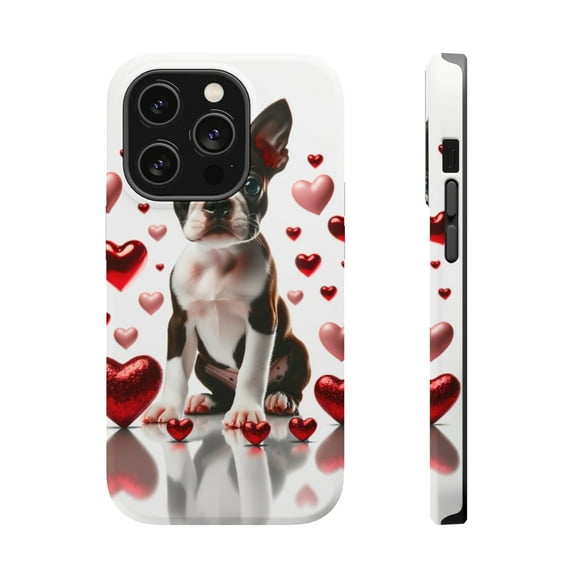 DistinctInk Tough Case for Apple iPhone 14 Pro MAX (6.7" Screen), Compatible with MagSafe Charging - Valentine's Day Boston Terrier Puppy