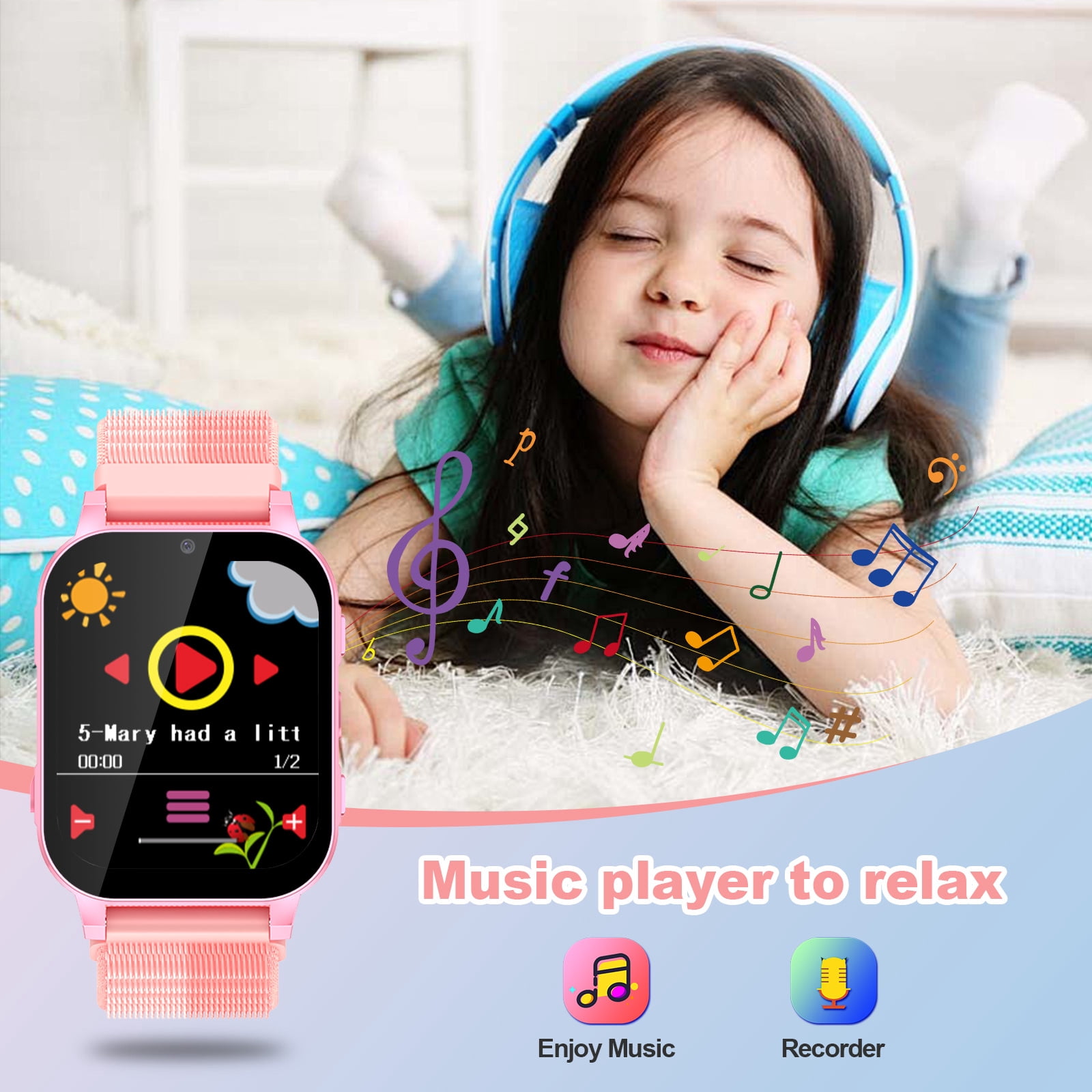 SHANNA Kids Smart Watch for Boys Girls Aged 4-12,  1.83'' HD Touch Screen with 30 Games and 140 Learning Cards, Music Player Camera Pedometer Story Telling, Pink