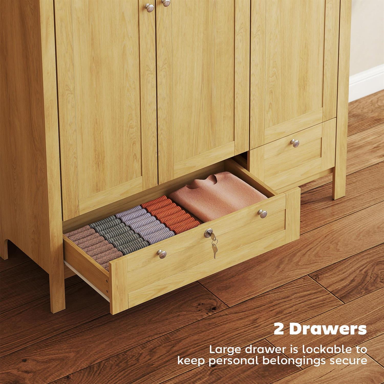 Demi Bonn 3-Door Closet Wardrobe with Lockable Drawers, Armoire for Bedrooms, Storage Shelves & Hanging Rod for Organizing Clothes and Accessories, Beige