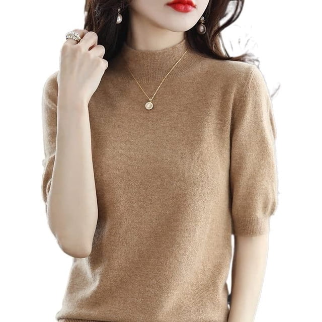 Xishao Suéter de punto de lana de cachemira con cuello redondo para mujer, manga corta, holgado, color liso, casual Xishao ropa