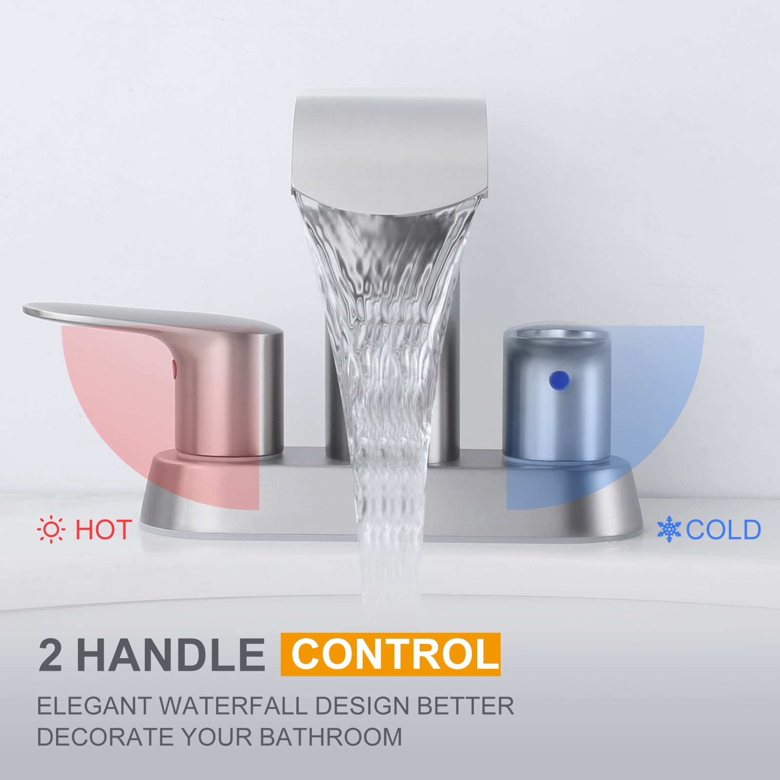 WOWOW 4 inch Brushed Nickel 2-Handle Bathroom Sink Faucet with Pop-up Drain - Lead-Free Stainless Steel Centerset Faucet for Vanity, RV, Waterfall Bathroom Sink Faucet