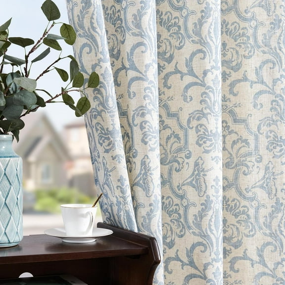 Curtains for Bedroom, Light Filtering 63 Inch Length 2 Panels Set, Style Linen Blend Drapes Living Room, Vintage Damask Window Treatments, Grommet Top Blue on Flax, W52 X L63