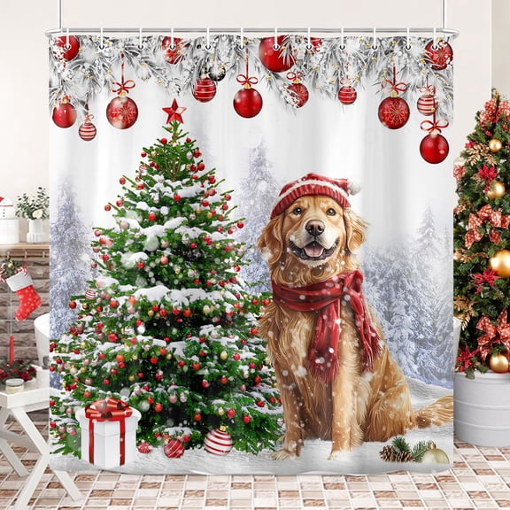 Funny Dog Christmas Shower Curtain, Winter Snowy Forest Xmas Tree Snowflake Shower Curtain for Bathroom, Red Christmas Ball Cute Dog Fabric Bathtub Decor with Hooks 69X70IN