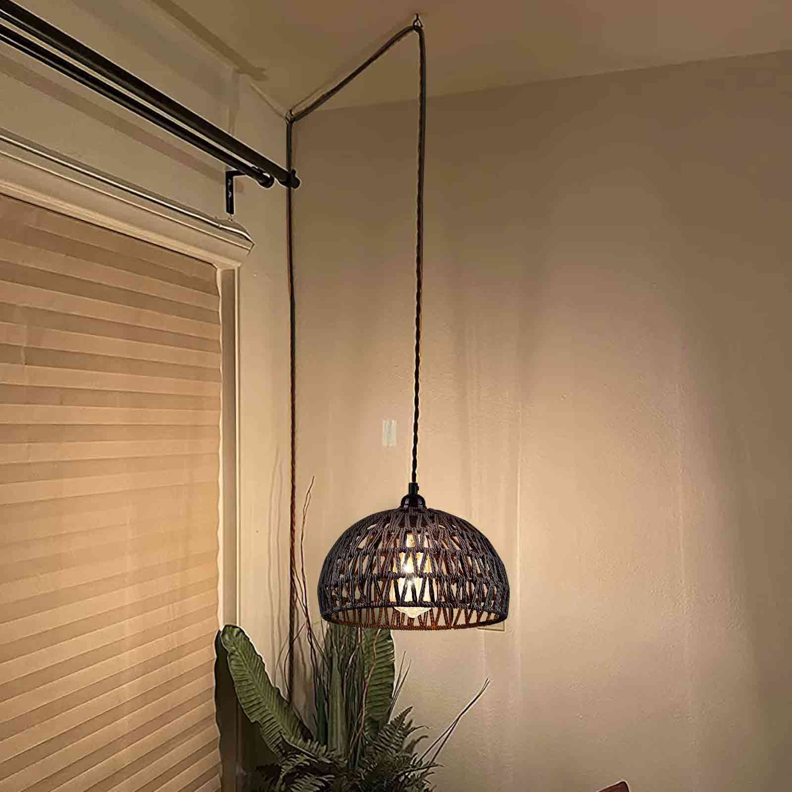 IC INSTANT COACH 1-Light Pendant Light, Dense Paper Birch Woven Basket Chandelier with Twist Hemp Hanging Cord E26 Plug in Coastal Pendant Light Fixtures for Dining Room Living Room Kitchen Island Foy
