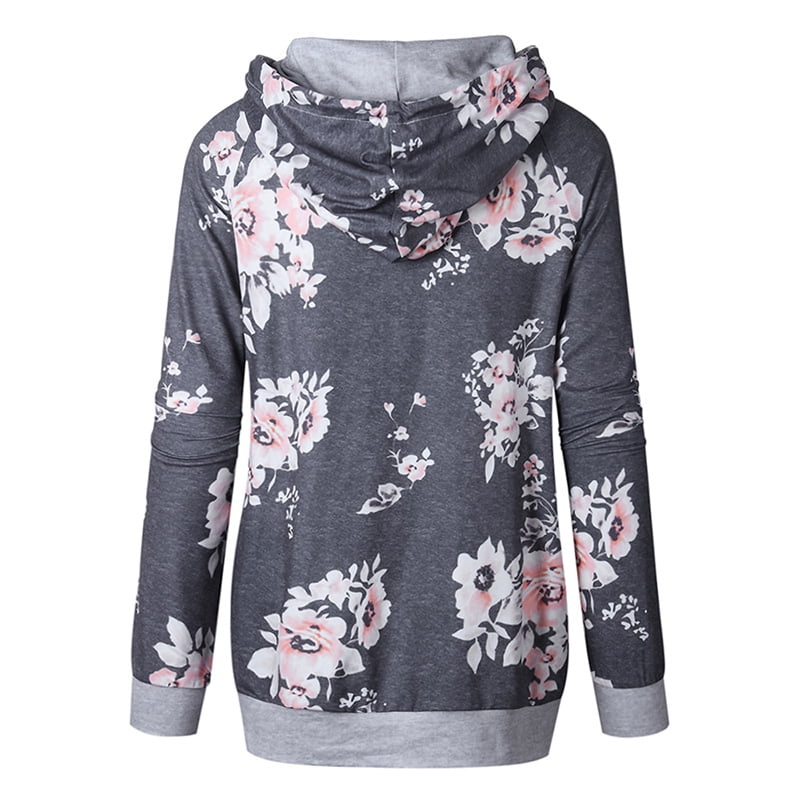 Womens Loose Coat,Ladies Casual Hooded Long Sleeve Zip Up Drawstring Floral Printed Outwear Lightweight Jacket Tops