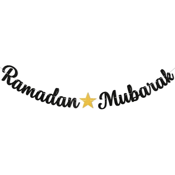 Ramadan Mubarak Banner - Ramadan Mubarak Decorations, Muslim Eid Mubarak Kareem Bunting Sign, Muslim Islamic Festival Party Decorations Black Glitter