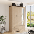 thumbnail image 4 of Brafabhome 71"H Wooden Armoire Wardrobe Closet with 4 Drawers, 3 Doors Modern Wardrobe Cabinet with Glass Mirror and Adjustable Shelf for Clothes Coats, Natural, 4 of 8