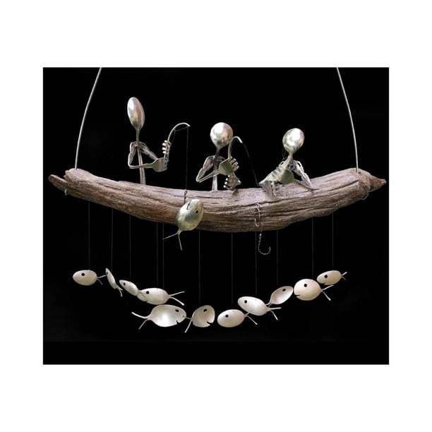 AAOMASSR Fishing Man Spoon Fish Sculptures Wind Chime Indoor Outdoor  Hanging Ornament Decoration New 