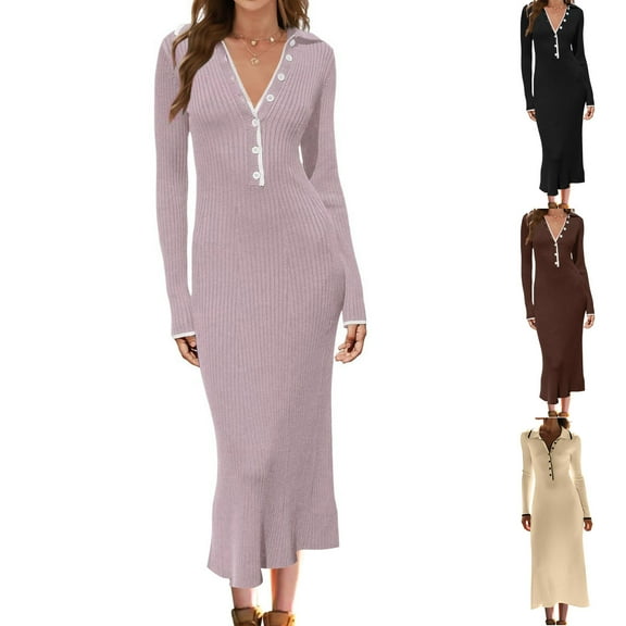 Horkkom Dresses for Women Long Sleeve V Neck Sweater Dress Button Bodycon Fit Maxi Dresses Casual Ribbed Knit Dresses