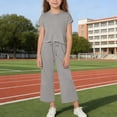 thumbnail image 6 of Iyufng Girls 2 Piece Outfits, Solid Color Short Sleeve Top and Pants Set, Summer Casual Loungewear Sets, 6 of 9