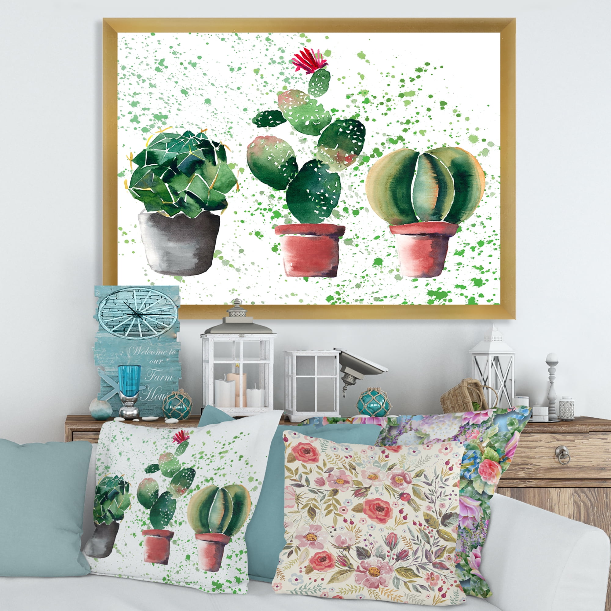 Designart 'Three Cacti In Clay Pots With Green Dots' Traditional Framed Art Print