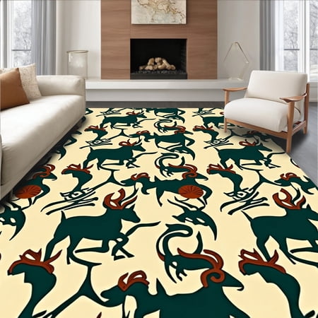 ODIKA 4'x6' Machine Washable Non-Slip Area Rug, Ranch Style Sika Deer Motif Floor with Forest Tones High Traffic Rug, Ivory, 679449