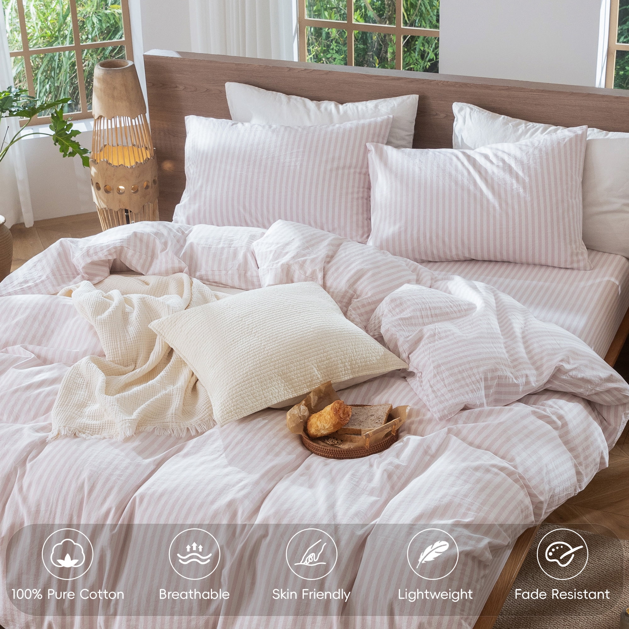 MooMee Striped Duvet Cover Set King 100% Washed Cotton Linen Like Textured Breathable 3-Piece (Greyish Pink& White Classic Stripes, 104"x90")