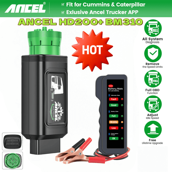 ANCEL HD-200 Heavy Duty Truck Scanner Speed Limit Reset for Cummins Caterpillar Diesel Diagnostic Scan Tool Truck & Car 2 in 1 Code Reader BM310 Battery Tester