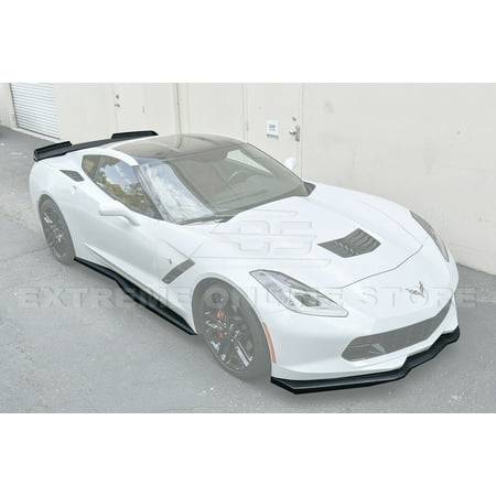 Replacement For 2014-2019 Corvette C7 | Z06 Stage 2 Front Bumper Lip Splitter With Side Skirts Rocker Panels & Rear Spoiler Full Assembly Combo Kit (ABS Plastic - Primer Black)