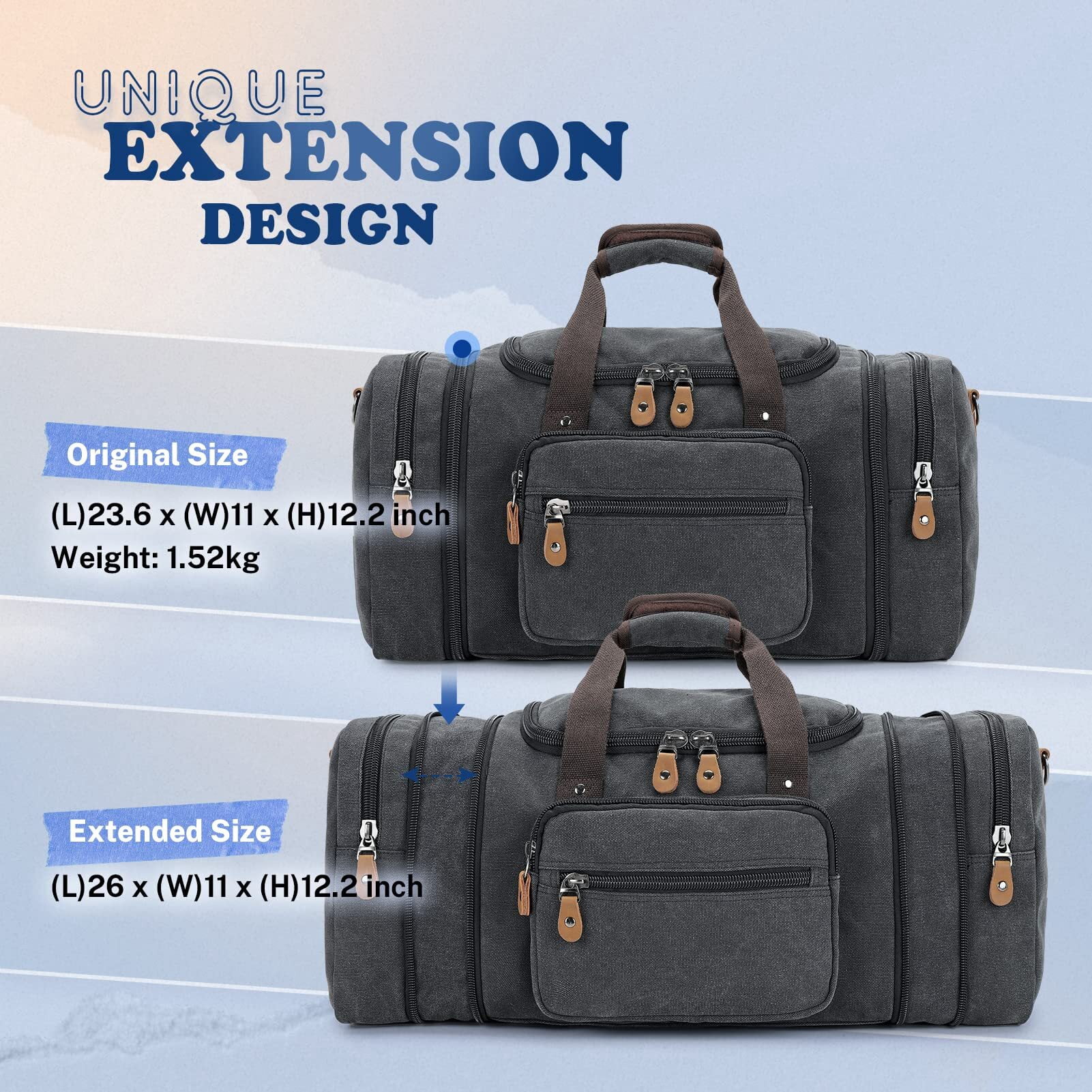 Gonex 60L Canvas Duffel Bags 26" Expandable Travel Duffle Overnight Weekender Bag for Men Women