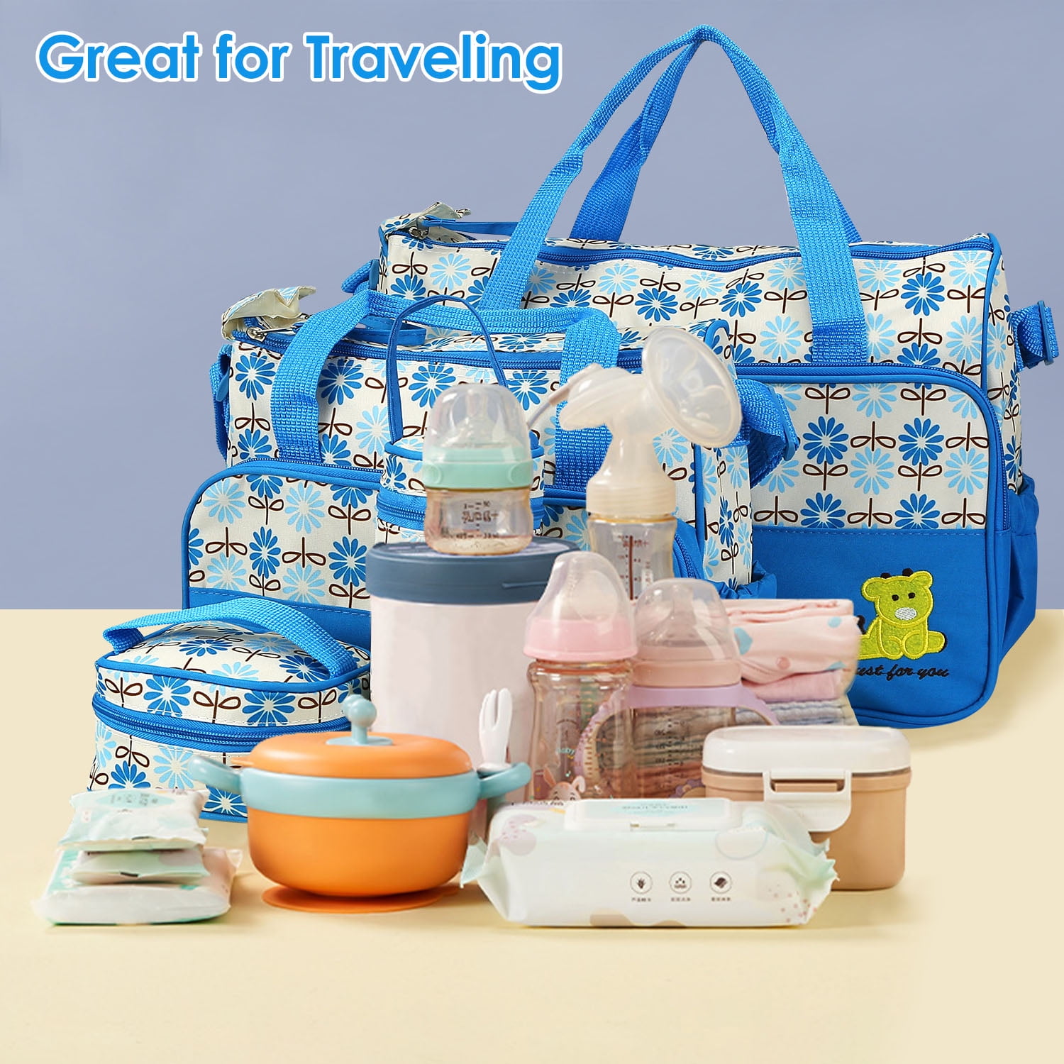 Imountek 5Pcs Diaper Bag Tote Set, Baby Diaper Bag Set with Changing Pad, Insulated Pockets, Water-Resistant Travel Tote for Mom and Dad, Blue