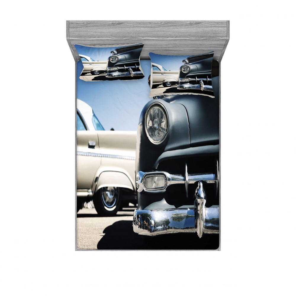 Vintage Car Bedding Set with Sheet & Covers, American Classic Old Style Fifties Auto Wheels ...
