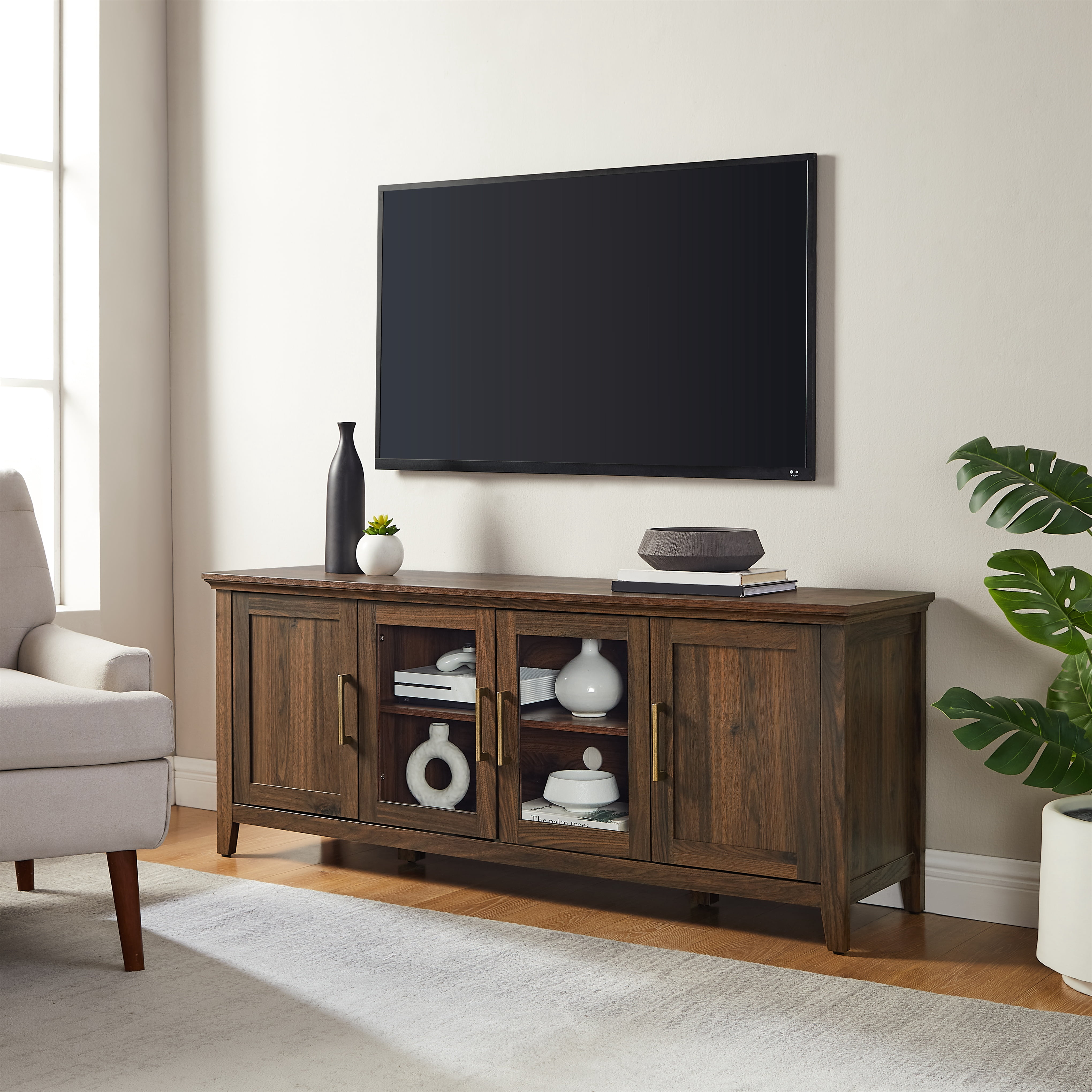 Mainstays Traditional TV Stand with Glass Doors, for TVs up to 65 in, Walnut Finish