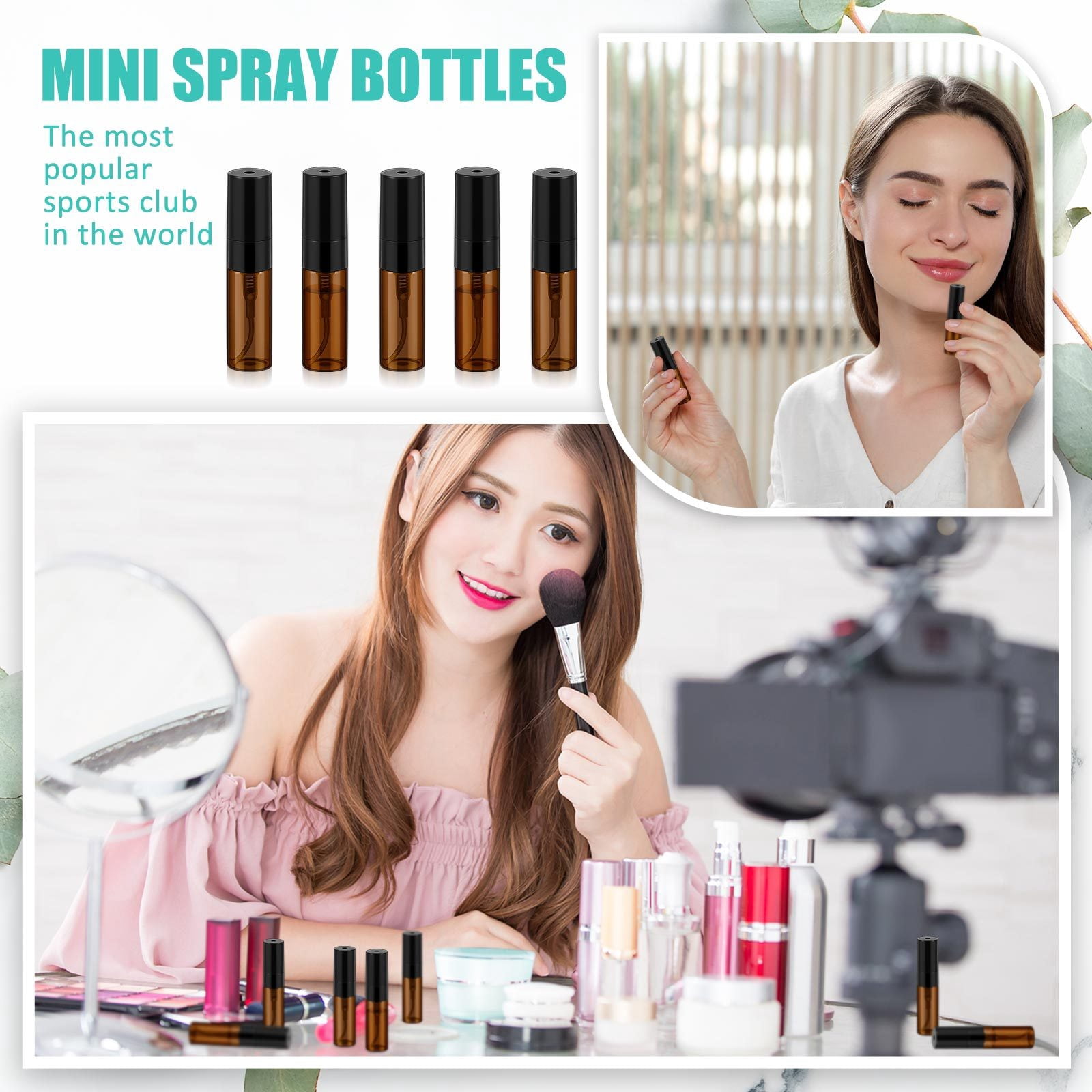 50 Pcs Mini Amber Spray Bottles with Fine Mist Sprayers, 0.1 oz Refillable Glass Perfume Bottles for Travel , Portable Small Spray Containers for Essential Oils, Cologne and Cleaning Spray