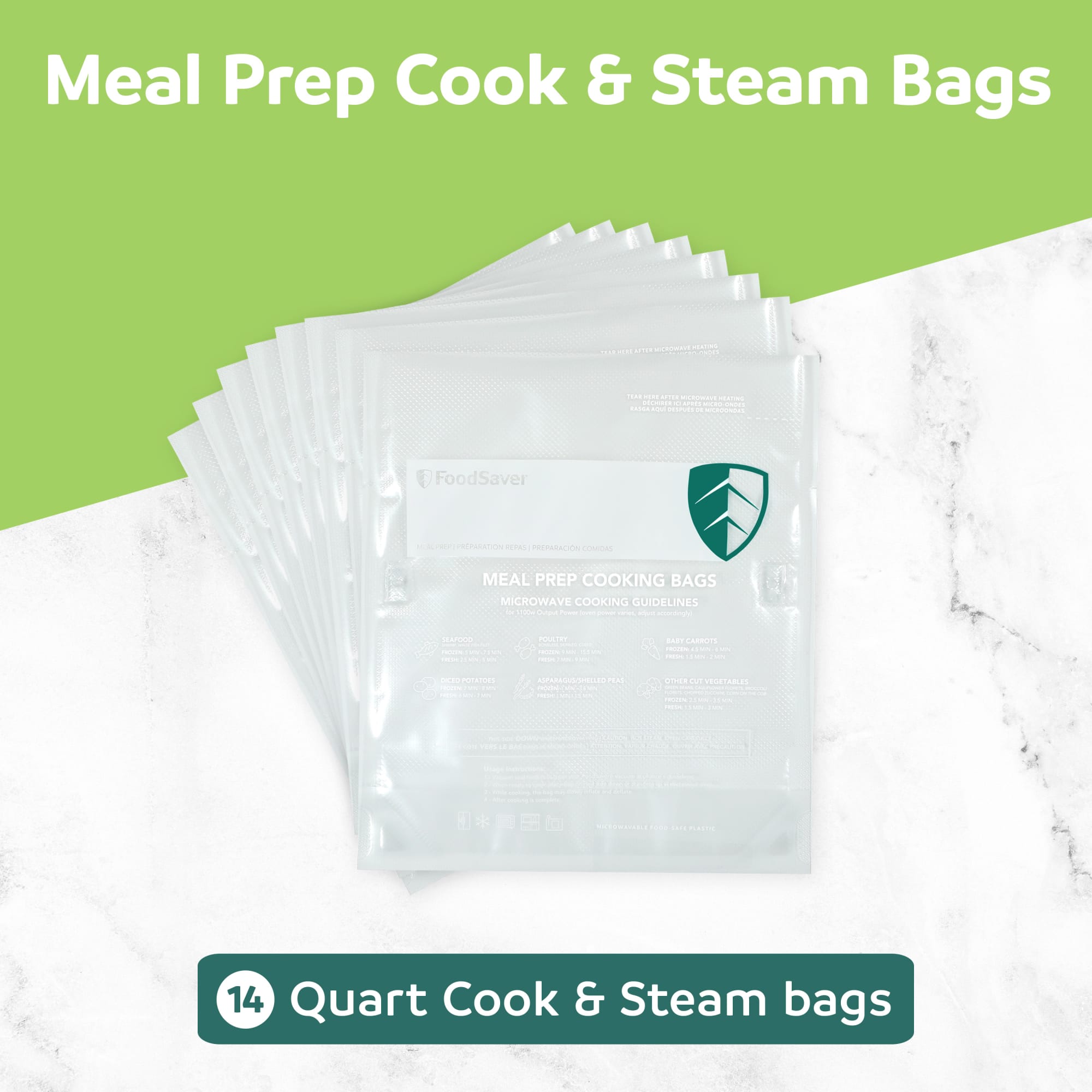 FoodSaver Microwavable Meal Prep Bags, 14 Count 1-Quart BPA-Free Vacuum Seal Bags, Cook-in-Bag for Freezer Storage and Sous Vide Cooking