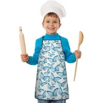 Blue Butterfly Pattern Kids Aprons for Girls and Boys,Adjustable Neck Strap Toddler Aprons for Kids Cooking Baking