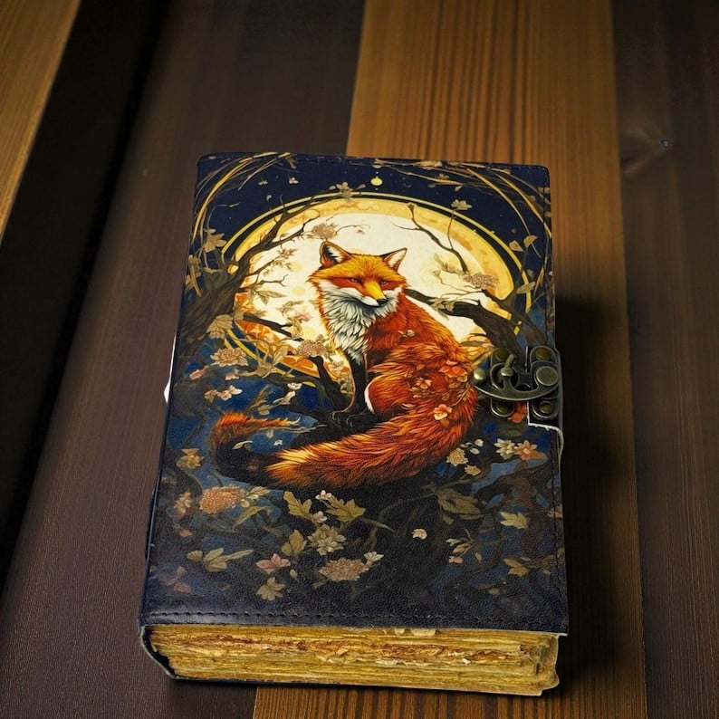 Handmade Leather Journal with Fox Artwork – 5x7 Inch Vintage Notebook, 200 Pages, Rustic Handmade Paper, Locking Strap – Writing, Sketching & Gift Journal