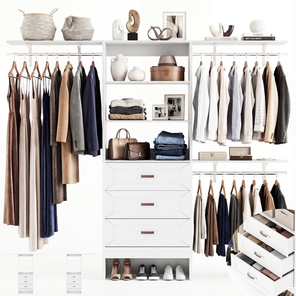 Armocity 8FT Closet System with 3 Wooden Drawers, 20''-96'' Width Closet Organizer with 3 Hanging Rods and Shelving Towers(Cut to Fit), White