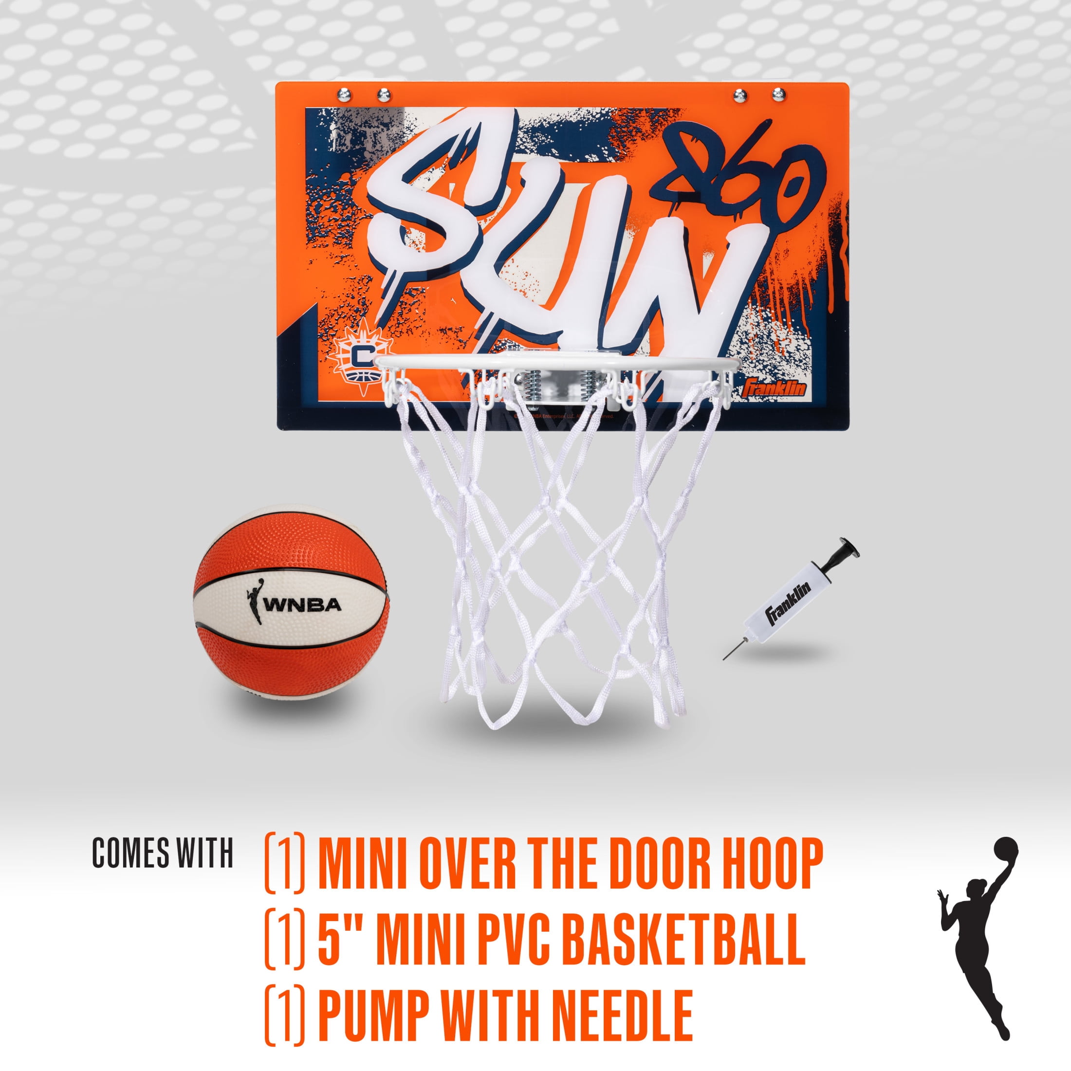 Franklin Sports WNBA Connecticut Sun Over the Door Basketball Hoop - Kids Indoor Basketball Hoop with Mini Ball - WNBA Fan Shop Mini Hoop for Bedroom + Office
