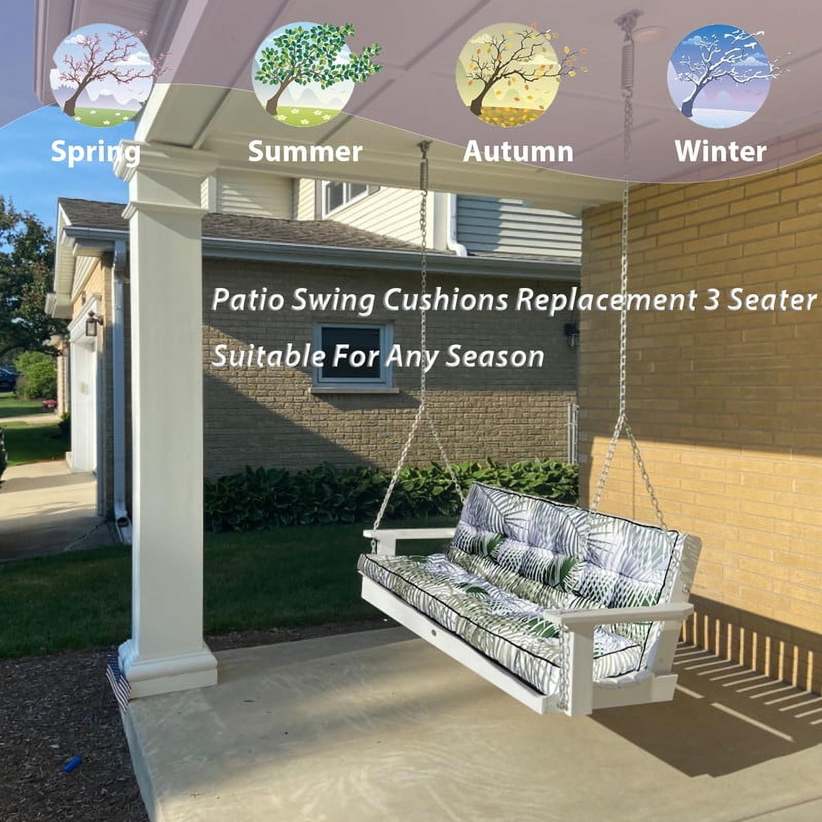 Swing Cushions 3 Seater Replacement, Waterproof Porch Swing Cushions, Thicken 5" Bench Cushions for Outdoor Furniture With Backrest , Patio Loveseat Sofa Pads（bamboo leaves,40*63in）
