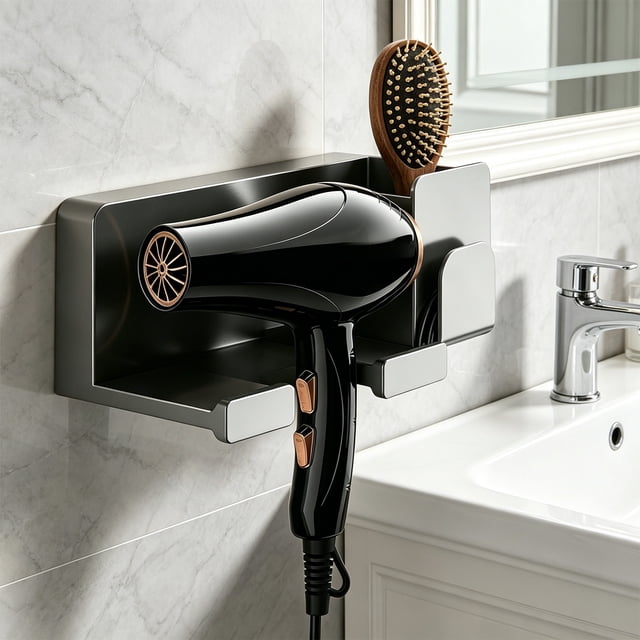 Soporte de pared para secador de pelo sin necesidad de taladrar | Organizador de baño | Estante multifuncional para herramientas de peluquería | Soporte adhesivo para plancha, rizador y cepillo