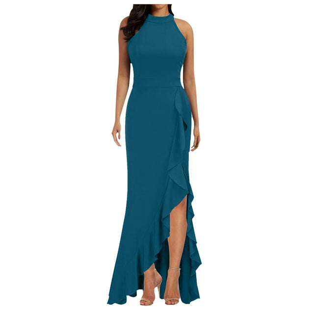 Women Split Sleeveless Ruffle Long Dress - Sexy Slit Evening Dress, Polyester-Spandex, S-XXL