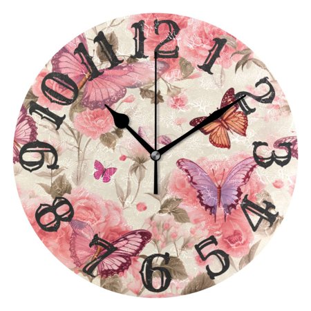 Butterflies Flowers Floral 10 inch Wall Clocks Non Ticking Easy to Read Battery Decorative for Home Bathroom Kitchen Bedroom Living Room