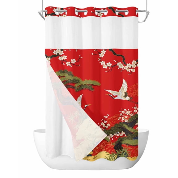 No Hook Cloth Fabric Shower Curtain with Snap in Liner, Red Traditional Waterproof Shower Curtains Set with See Through Top Window, Vintage Crane Pine Flowers Natural Bath Curtains Shower 54"x78"