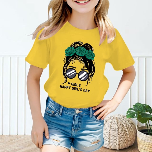 Classification des Produits Hauts et T-Shirts pour Filles / Titre du Produit Enfant Filles Mignon Graphique Imprimé Col Rond Manches Courtes Tee pour Tenue Décontractée d'Été