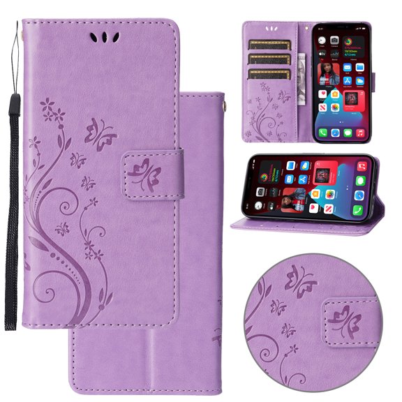 Wallet Case for Google Pixel 9 Pro XL,PU Leather Wallet Flip Kickstand Case [Magnetic Closure] [Wrist Strap] [Card Slots Holder] Embossed Butterfly & Flower Case for Women Girls,Lightpurple