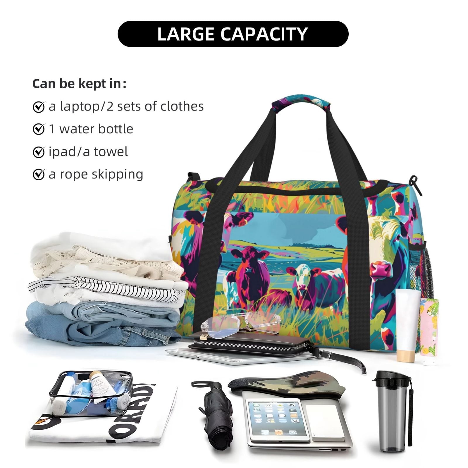 Rateoe Pop Art Colorful Cows Pattern Gym Bag for Women, Duffle Bag for Travel with Wet Pocket, Carry on Weekender Bags for Women, Water Resistant Travel Bag Duffel Bag