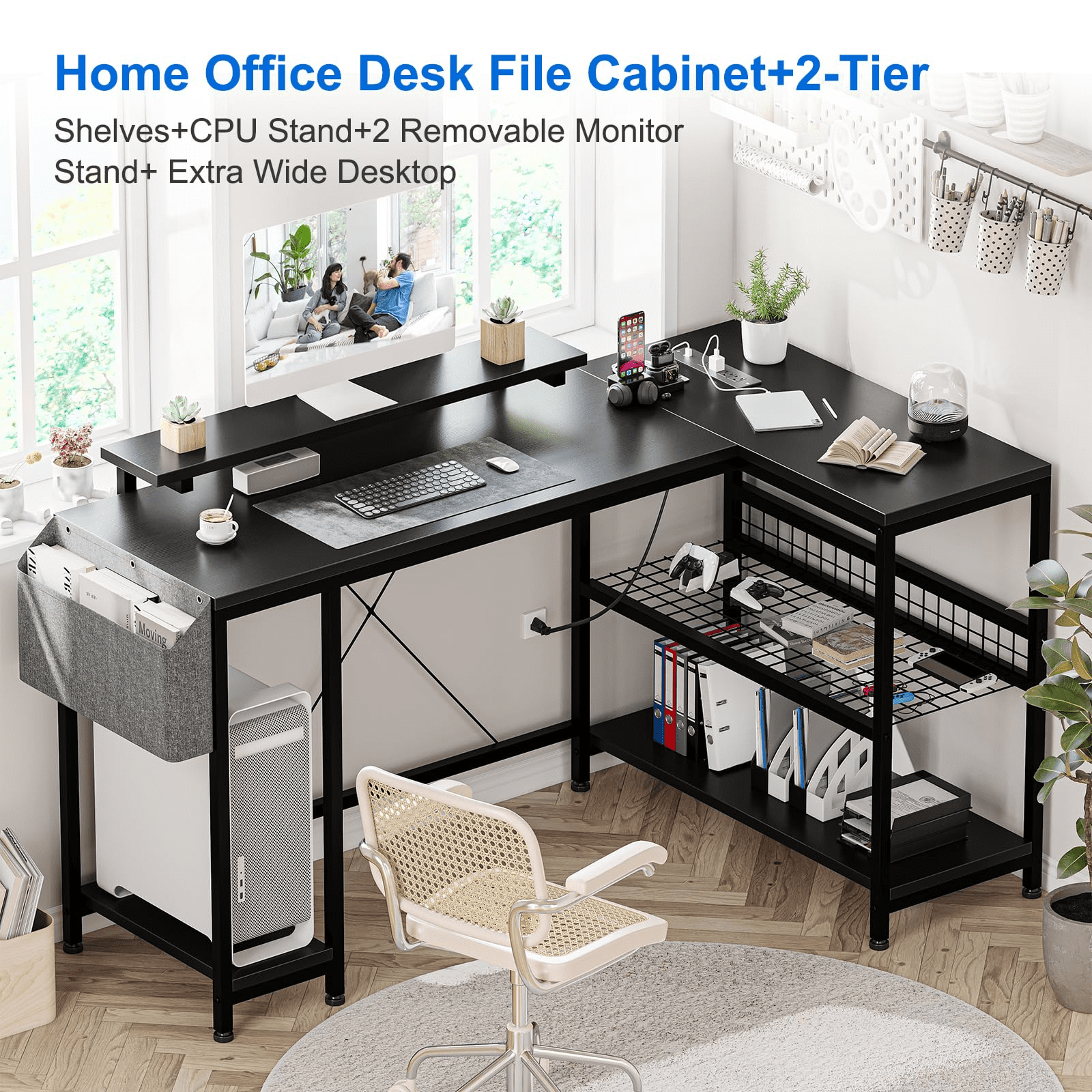 Jojoka 49.6" Reversible L Shaped Computer Gaming Desk with LED Light & Power Outlets, Corner PC Desk with Storage Shelves & Monitor Stand, Home Office Desk, Writing Desk, Workstation, Black