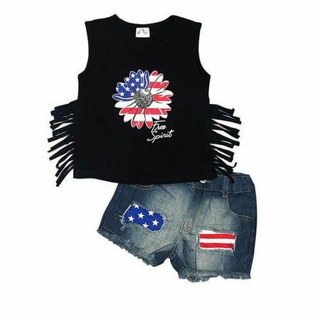 

Girl Outfits Teens Teen Girl Summer Outfits Girls Heart Star Sunflower Independence Day Tank Top Short Sleeve T Shirts With Washed Denim Jeans Shorts 4th Of July Outfit