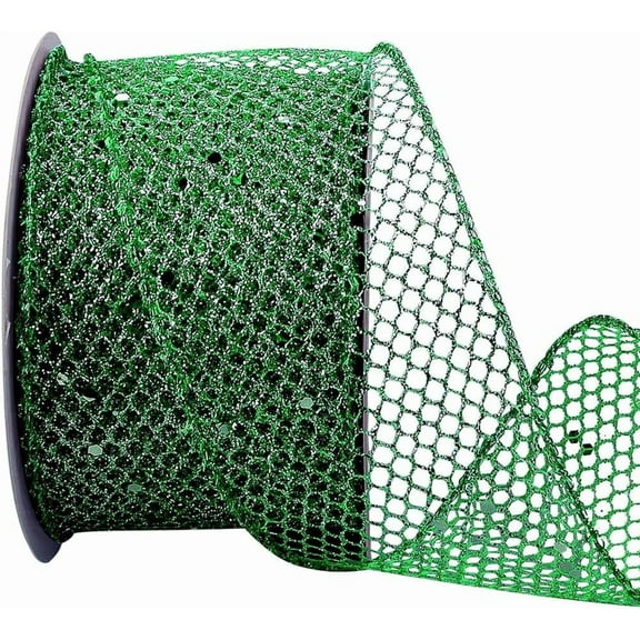 9.84 Yards 2.5 Inch Green Mesh Ribbon Glitter Sparkling Ribbon Wired Polyester Metallic Sequin Netting Tulle Ribbons with Spool for Sewing Making Crafts Wreaths Party Birthday Holiday Supply