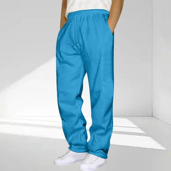 Kinrui Mens Solid Color Stretch Elastic Waist Flannel Warm Straight Leg Trousers for Men Winter Comfort Sky Blue