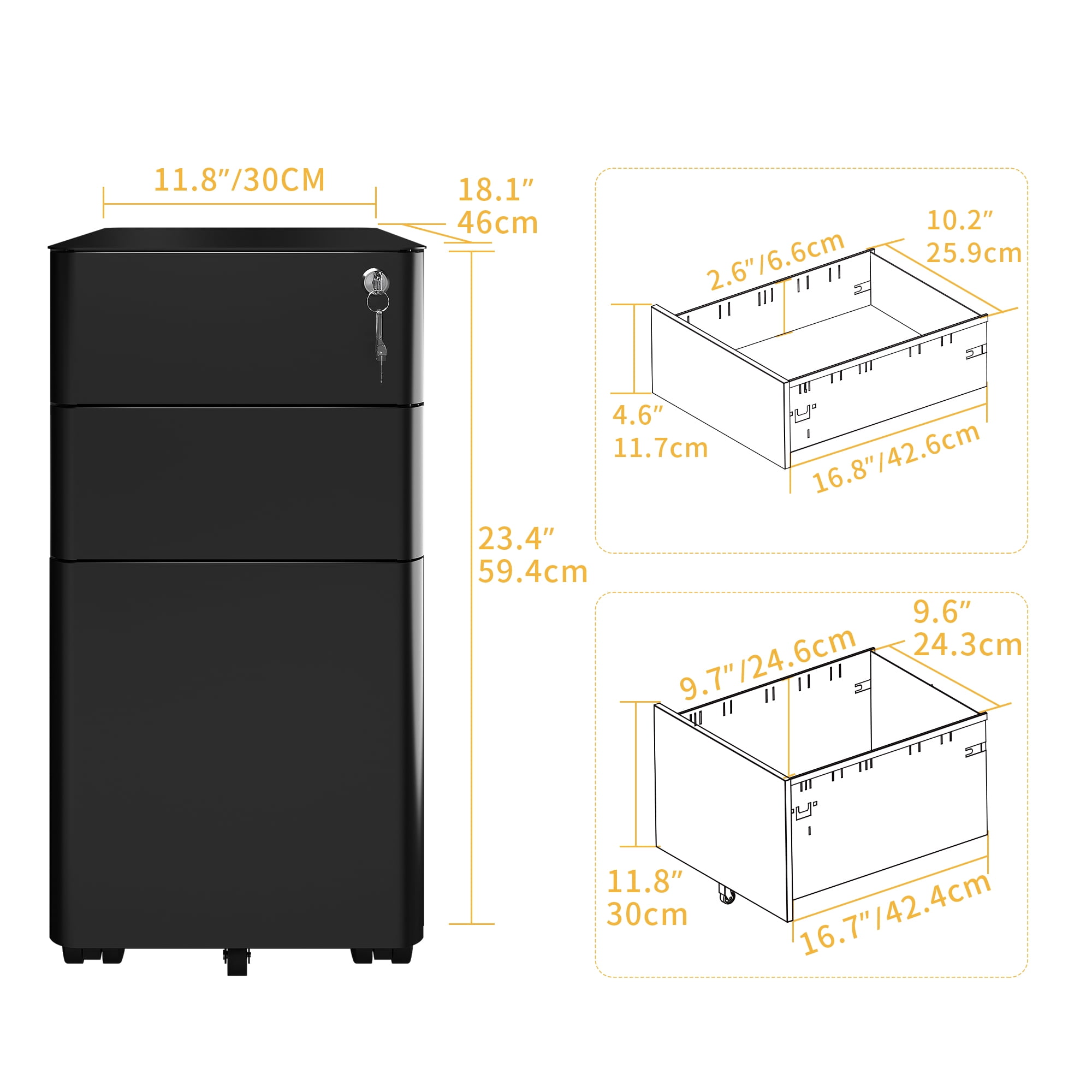 Uforic Mobile Slim File Cabinet with Lock, 3 Drawers, Portable Metal Office Storage Filing Cabinet, Accommodates Lega Size, Pre-Assembled Cabinet Excluding Casters, Designed to Fit Under Desk, Black