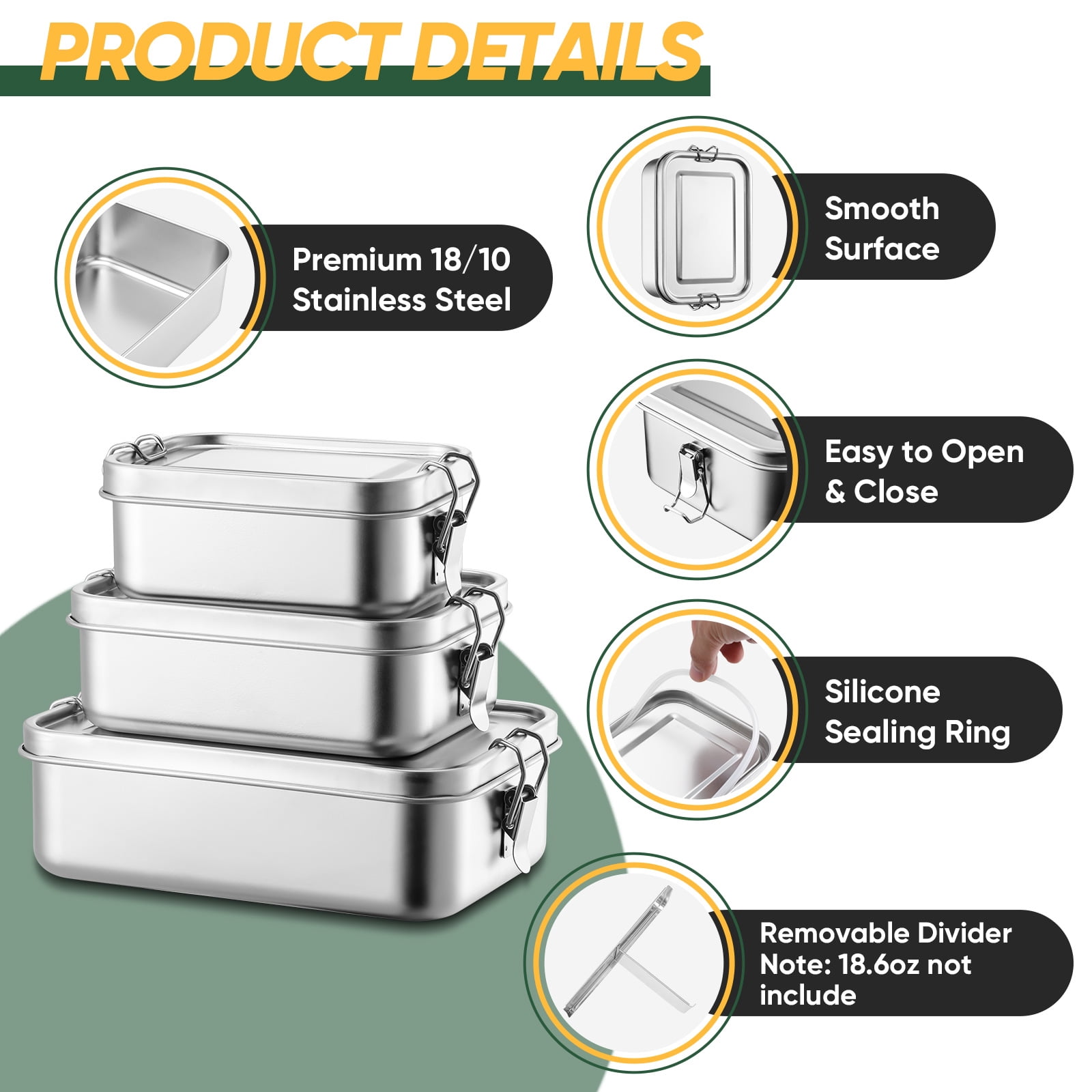 Vesteel Bento Box Set of 3 (47oz /29oz /18.6oz), Stainless Steel Lunch Box Metal Food Storage Container with Removable Dividers, Portable & Leak-Proof Meal Prep Container with 3 Compartment