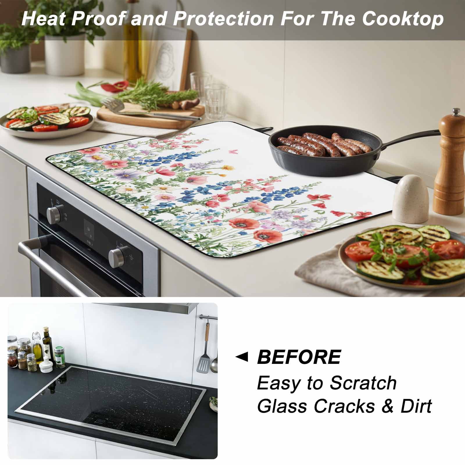 Watercolor Flowers Stove Top Cover for Electric Stove, Heat-proof & Non Slip Glass Top Stove Cover Protector, Blue Pink Butterfly Spring Bptanical Kitchen Flat Cooktop Rubber Mat 24x21 Inches